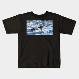 Green Mallard Duck and Canada Goose Walking On The Snow Kids T-Shirt